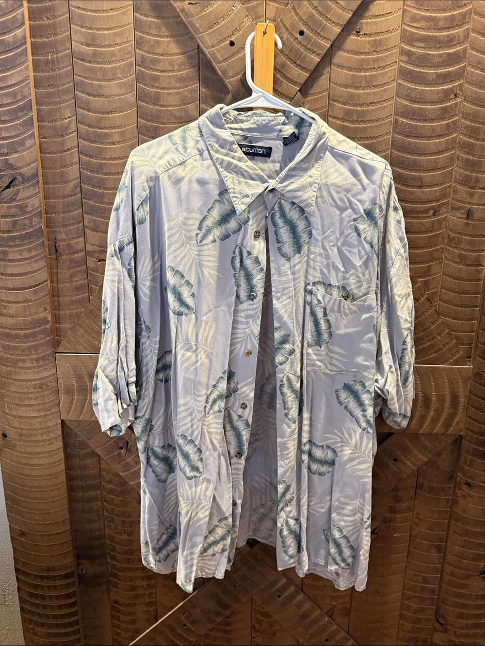 Puritan Grey Hawaiian Shirt with Green Leaf Print